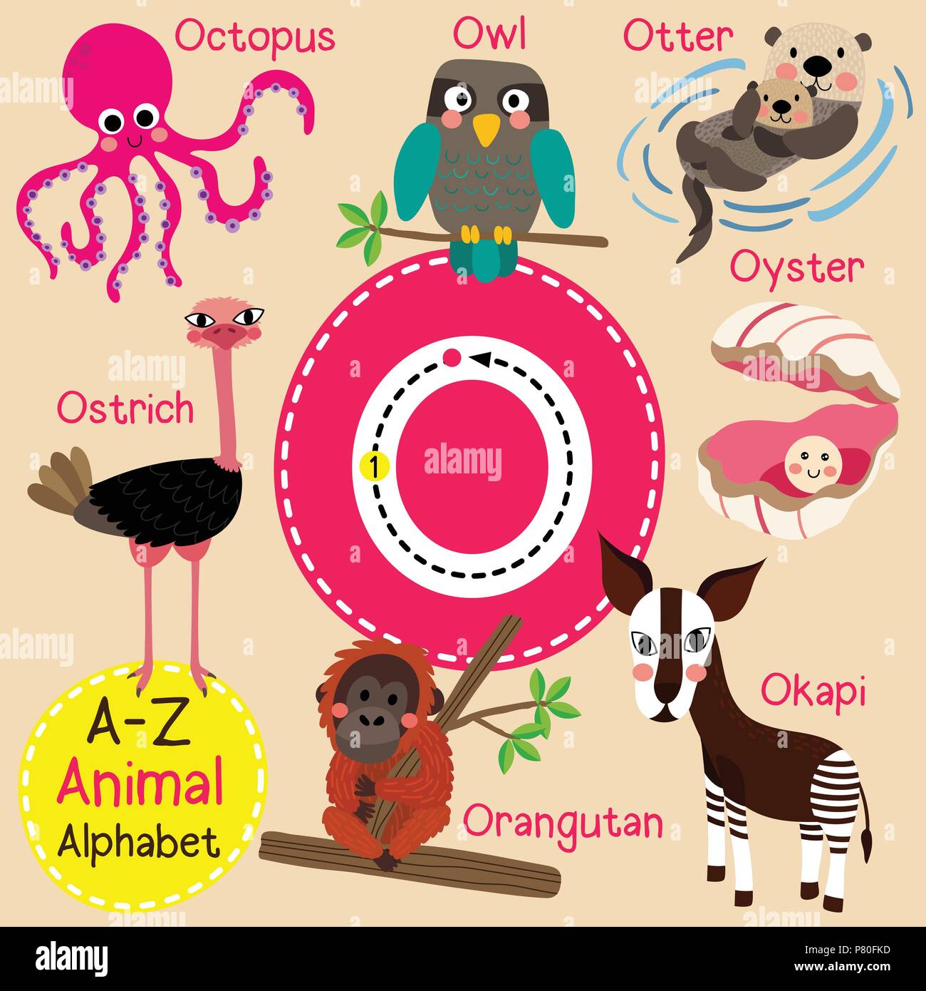 Cute Zoo für Kinder alphabet O schreiben Tracing von funny animal Cartoon für Kinder Englisch Vokabeln lernen Stock Vektor