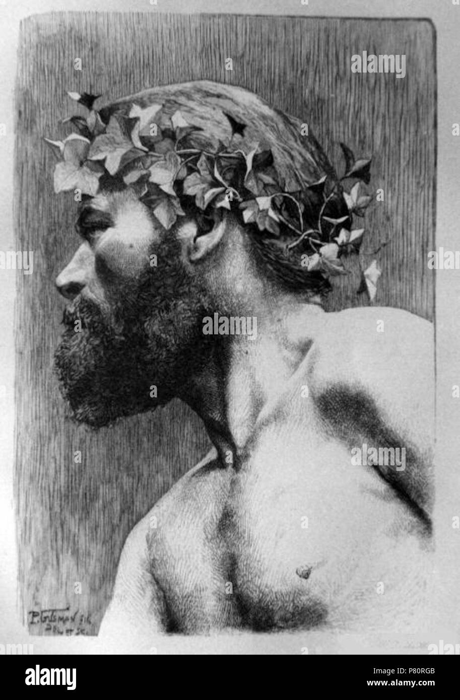 Français: Silène [Silen], Dessin et Gravure sur Bois de Pierre Gusman (1862-1941), Imprimée et publiée dans Mann in der Kunst: Studium der religiösen und historischen Kunst, Portrait und Genre de Philip Gilbert Hamerton [1834-1894], New York/London, Macmillan, 1892. 1892 346 Silene Gusman 1892 Stockfoto