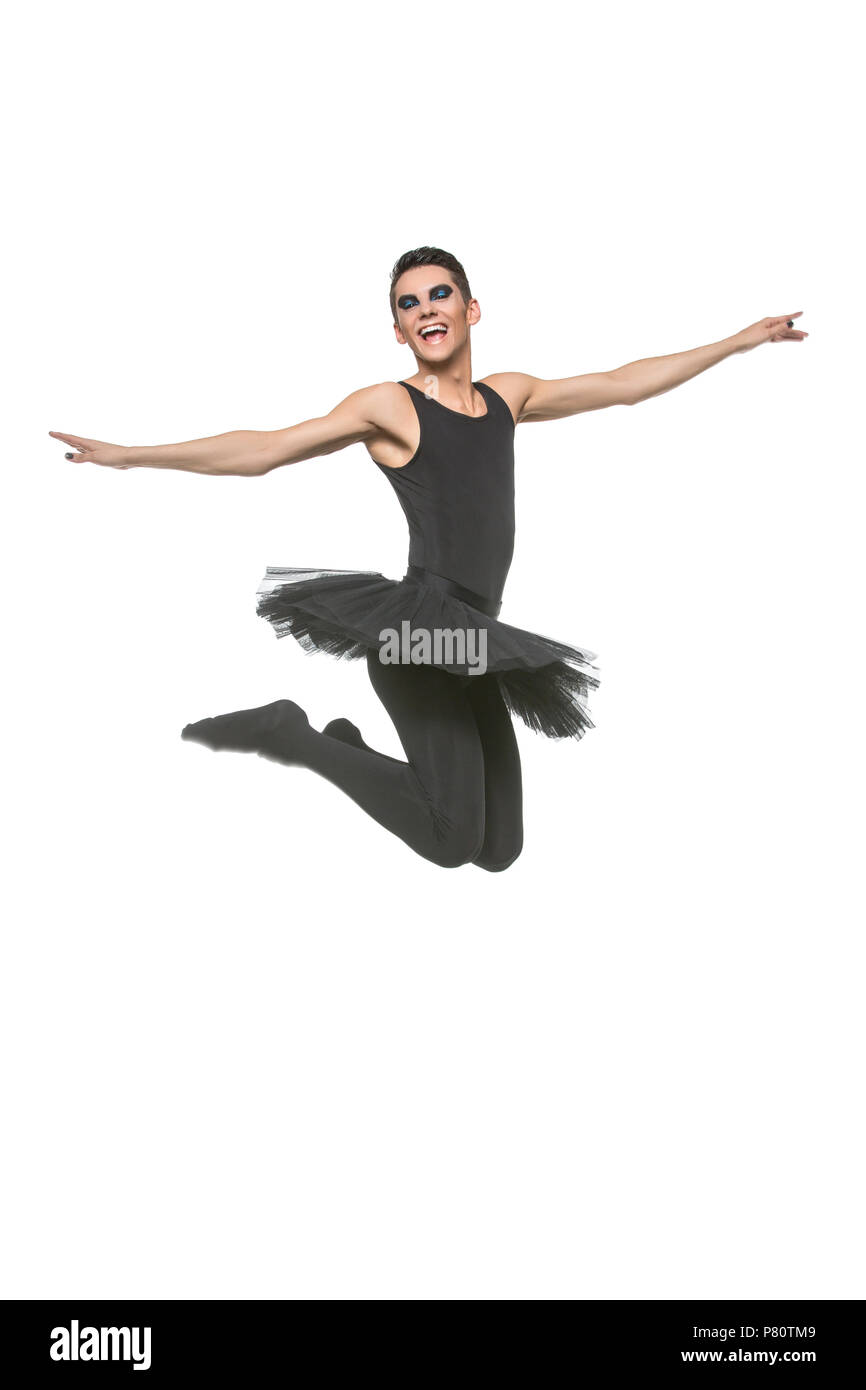 Stattliche Ballett Künstler in Tutu Rock. junger Mann in Gymnastik Kleidung. Studio erschossen. kopieren. Stockfoto