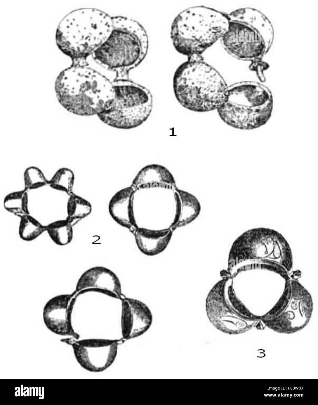 Englisch: Armbänder aus alten Dacia, La Tene II Armband 1 = Apahida; 2=Diosag; 3=Santioane wie von der Rumänischen gelehrten Parvan enthalten in seinem Buch Getica (1926), veröffentlicht 1926 von Cultura Nationala in Bukarest, Rumänien. 1926 101 Dacian Armbänder La Tene II. Stockfoto