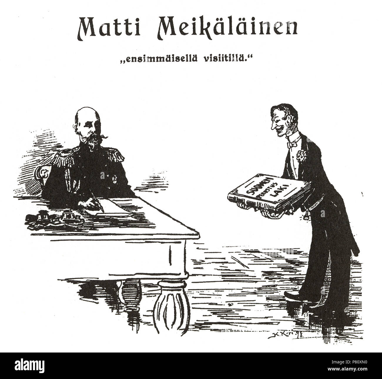 Deutsch: "Erster Besuch": Finnische humor Magazin Matti Meikäläinen gibt der finnischen Verfassung an die neuen Generalgouverneur Nikolai Bobrikov. Matti Meikäläinen 30.9.1898. 30. September 1898 48 Bobrikov durch Kaarlo Kari Stockfoto