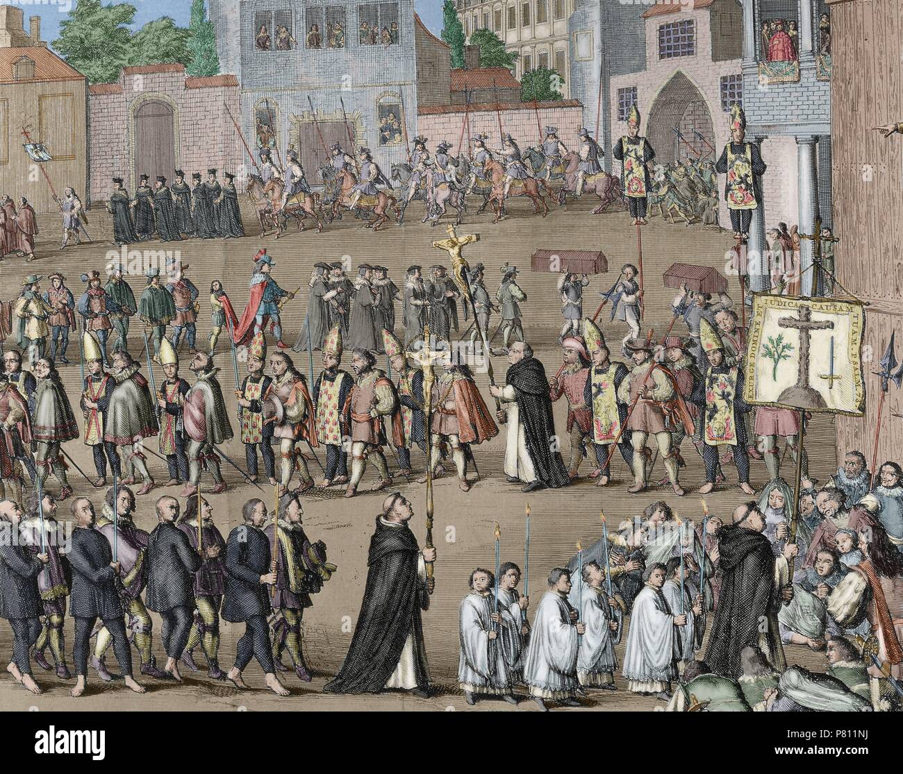 Spanien. Ausweg der Gefangenen von der Inquisition verurteilt, das Autodafé. Kupferstich, 1692. Farbige. Stockfoto