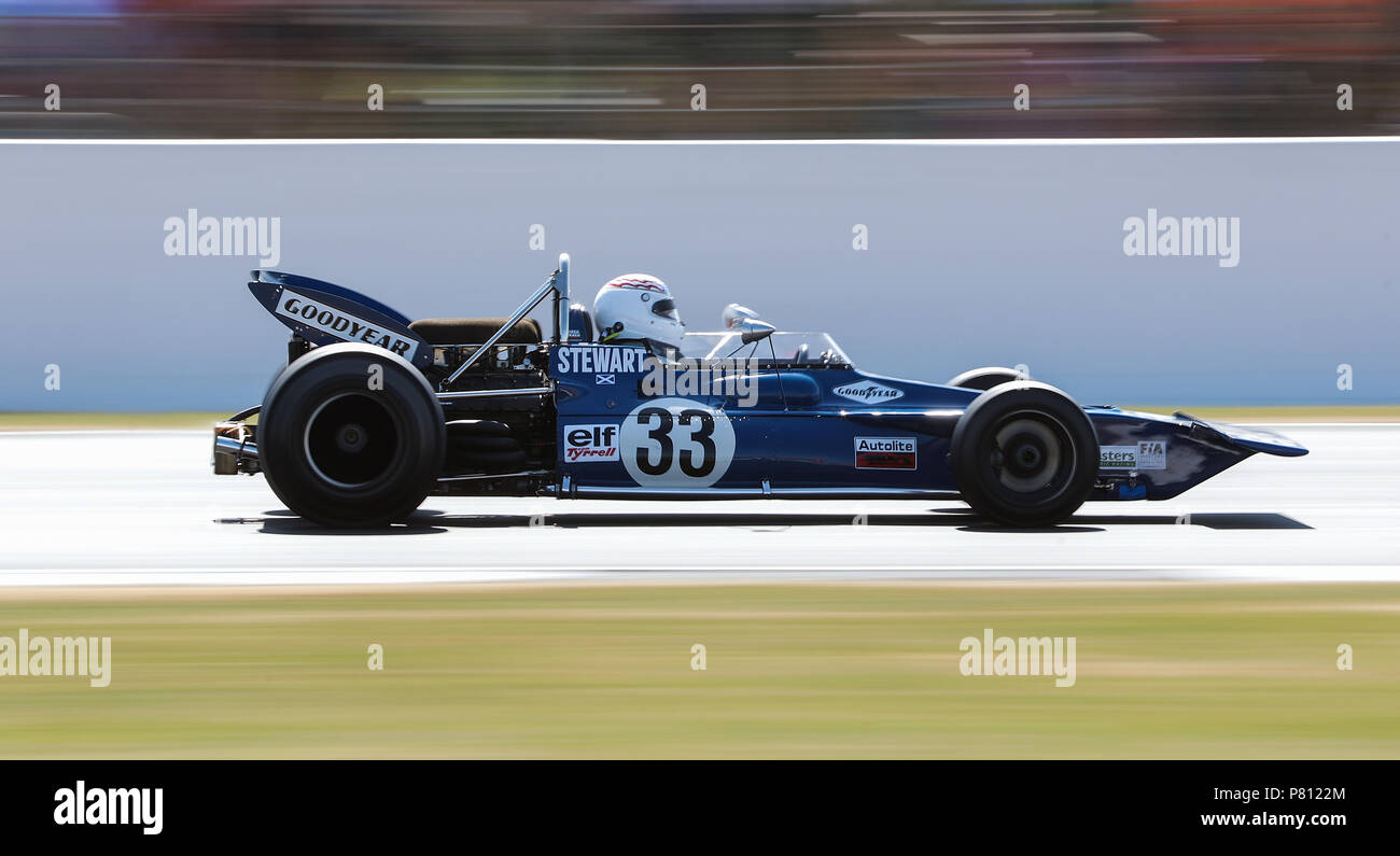 John Delane im Tyrrell 001 in den Meistern historischen Rennen in Silverstone Circuit, Towcester. Stockfoto