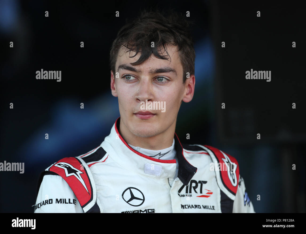 F2-Fahrer George Russell am Silverstone Circuit, Towcester. DRÜCKEN SIE VERBANDSFOTO. Bilddatum: Sonntag, 8. Juli 2018. Siehe PA Story AUTO British. Bildnachweis sollte lauten: David Davies/PA Wire. Stockfoto