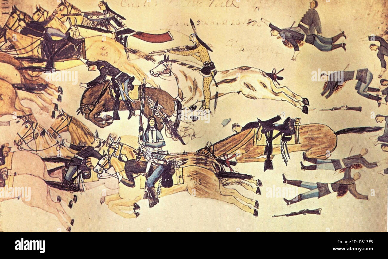 Deutsch: Darstellung einer Kampfszene mit Crazy Horse in der Schlacht am Little Bighorn, gezeichnet von dem Oglala-Lakota-Sioux Amos schlechtes Herz Stier (tatanka Chante Shicha) / 1890. (Von diesem Künstler sind 407 Bilder über sterben / Waden Volkes bekannt, äh, mit Tinte, Bleistift und Pastellfarben auf Papier geschaffen hat sterben.). Zwischen 1890 und 1913 342 Schlacht am Little Bighorn - Kampfszene mit Crazy Horse dargestellt von Amos schlechtes Herz Stier Stockfoto