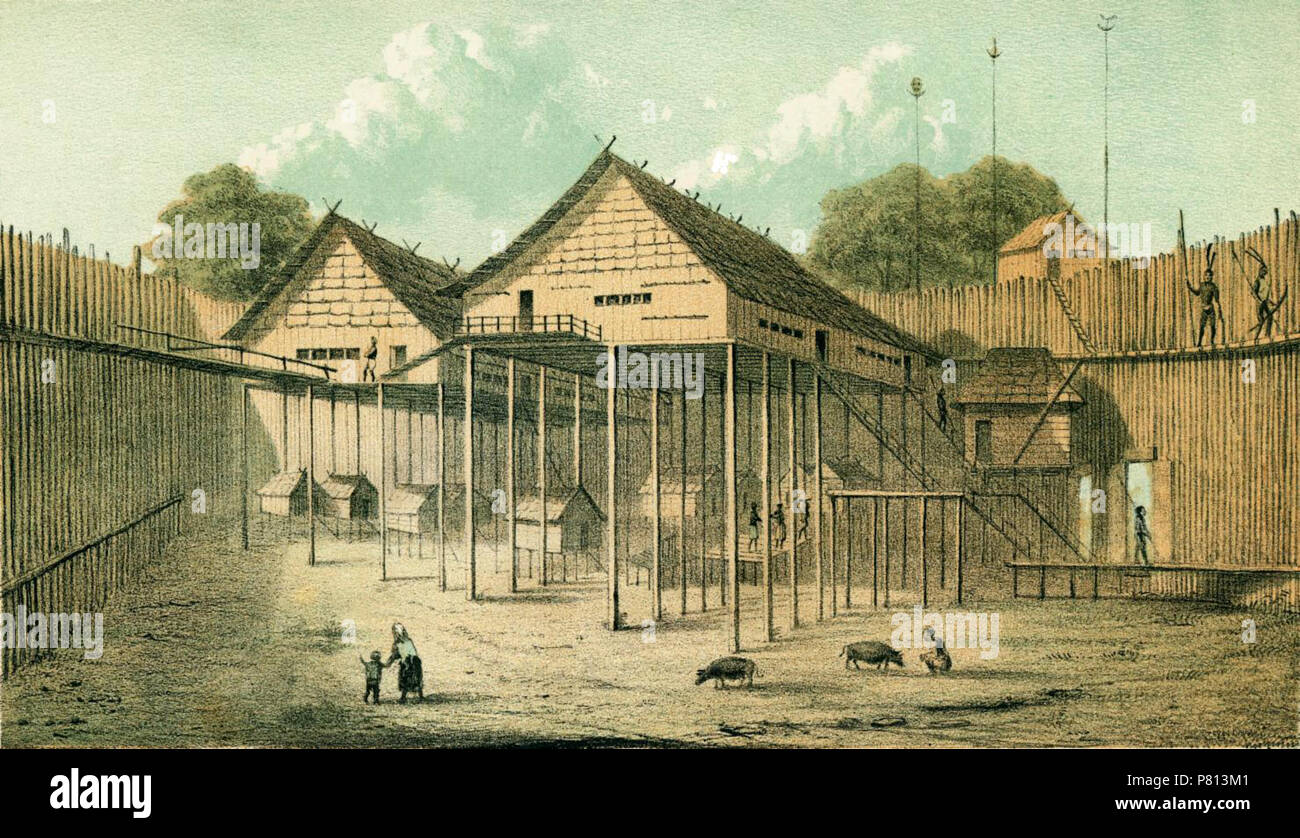 English: C.A.L.M. Schwaner, Borneo. Ein Dayakdorf, als Festung errichtet. 1853 343 Schwaner Een dayaksche Dorp Benting Stockfoto