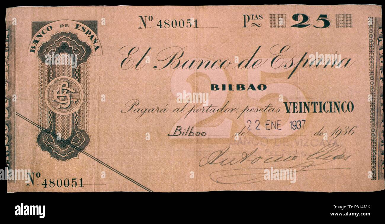 BILLETE DE 25 Peseten 1937. Ort: BANCO DE ESPAÑA - Dokumente, MADRID, SPANIEN. Stockfoto