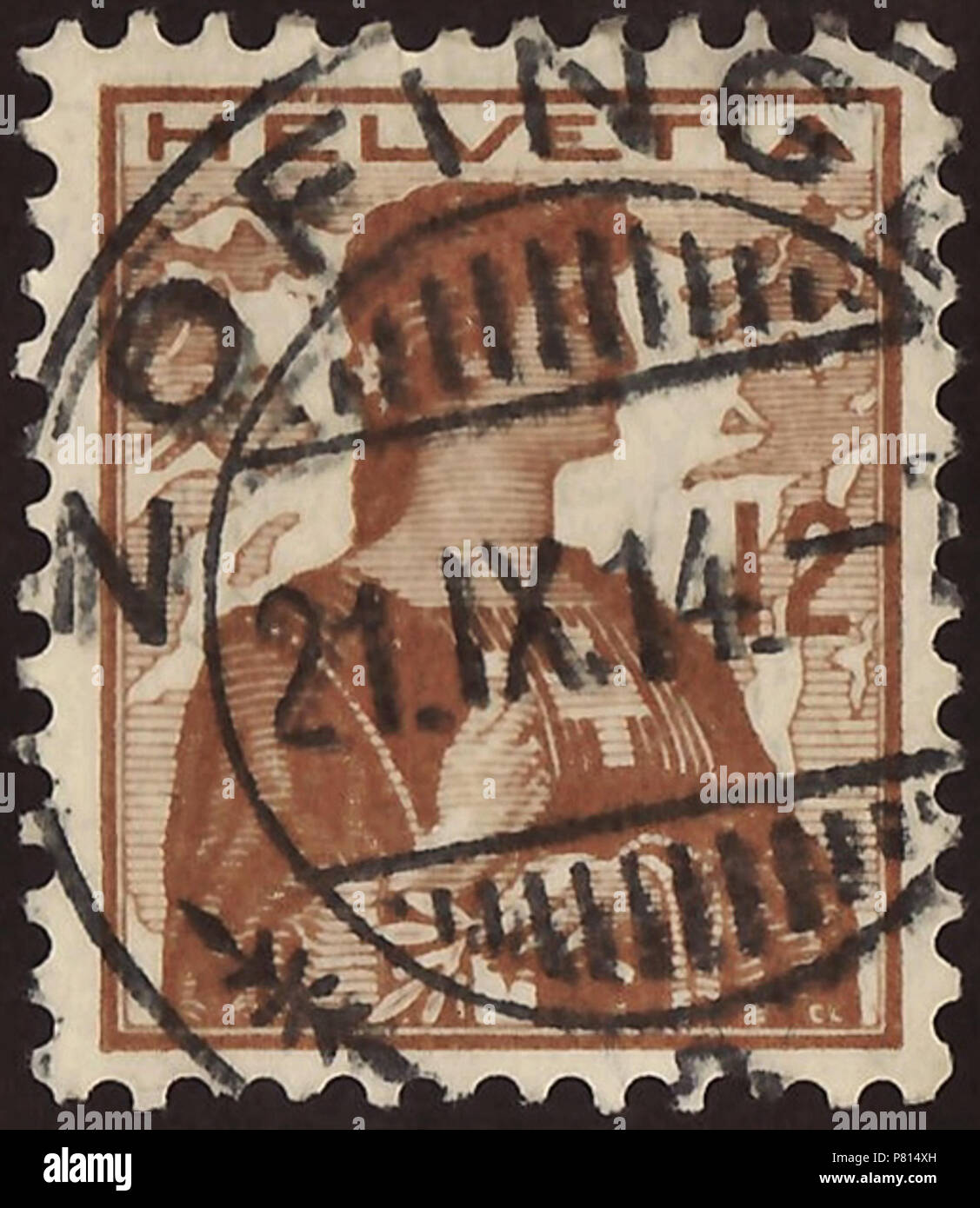 Stempel der Schweiz; 1909; Dauermarken der Ausgabe "Helvetia mit Ast vor  Berglandschaft"; Porträt der 'Helvetia' mit Blick nach rechts und einen Ast  mit der linken Hand vor schneebedeckten Bergwelt; Wert anzahl Zentrale -