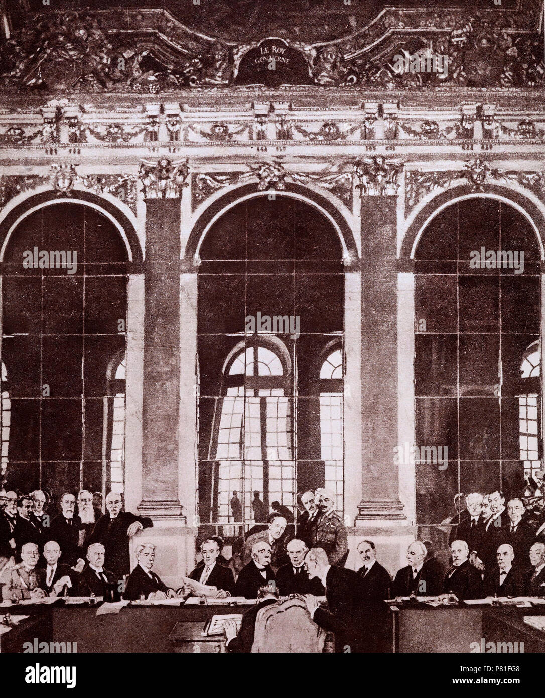 Der Vertrag von Versailles war die wichtigste der Friedensverträge, brachte der Erste Weltkrieg zu Ende. Es endete der Kriegszustand zwischen Deutschland und den Alliierten Mächte. Es wurde am 28. Juni 1919 in Versailles unterzeichnet, genau fünf Jahre nach der Ermordung des Erzherzogs Franz Ferdinand, die zum Ersten Weltkrieg führten die Konferenz wurde von den vier Großmächten dominiert; die Britische Lloyd George, Clemenceau von Frankreich, Präsident Wilson von der USDA und Signor Orlando - Italiens Vertreter. Die anderen Zentralen Kräfte auf der deutschen Seite des Ersten Weltkriegs unterzeichnet separate Verträge. Stockfoto