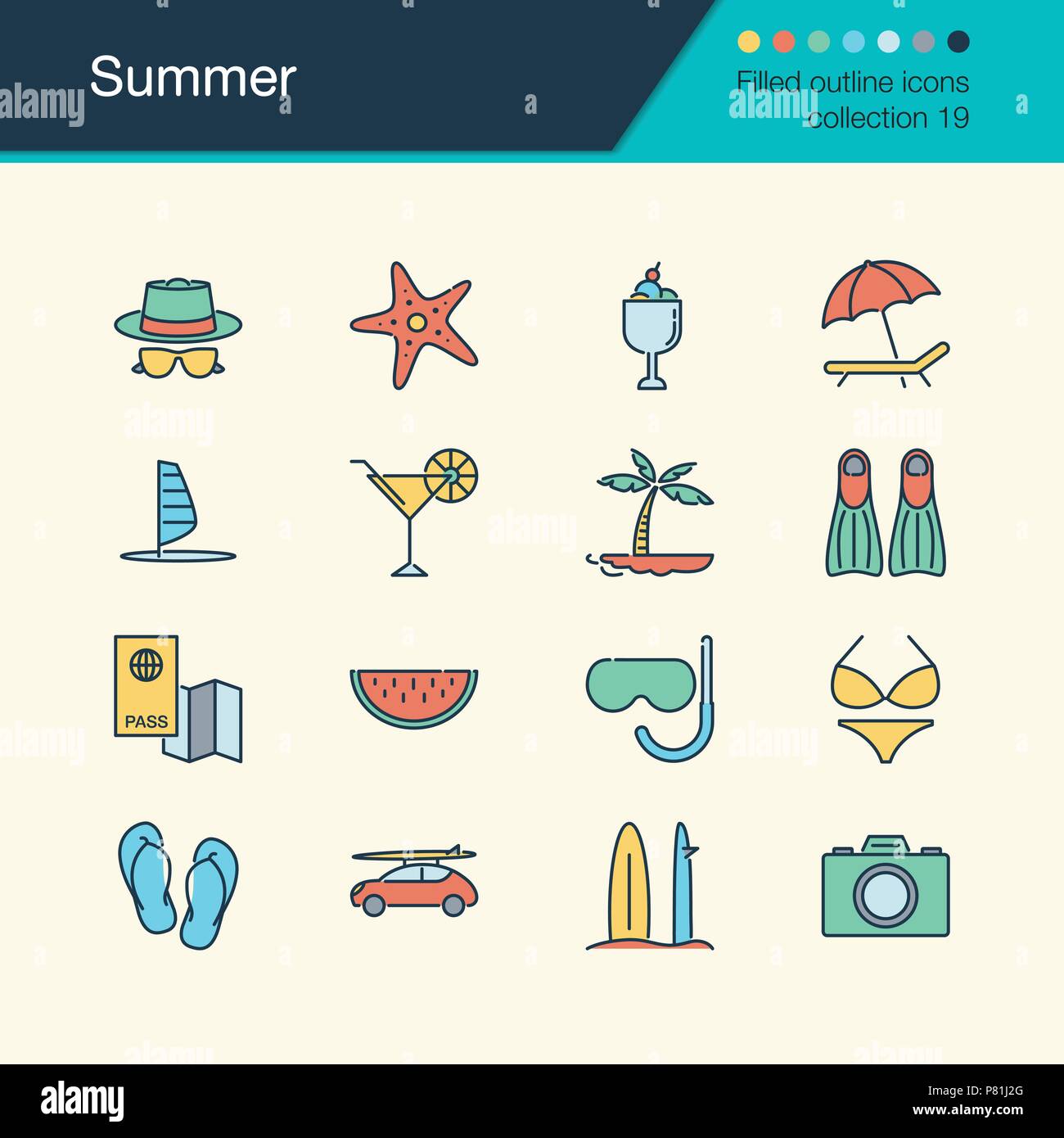 Sommer Symbole. Gefüllte Kontur Design Collection 19. Für die