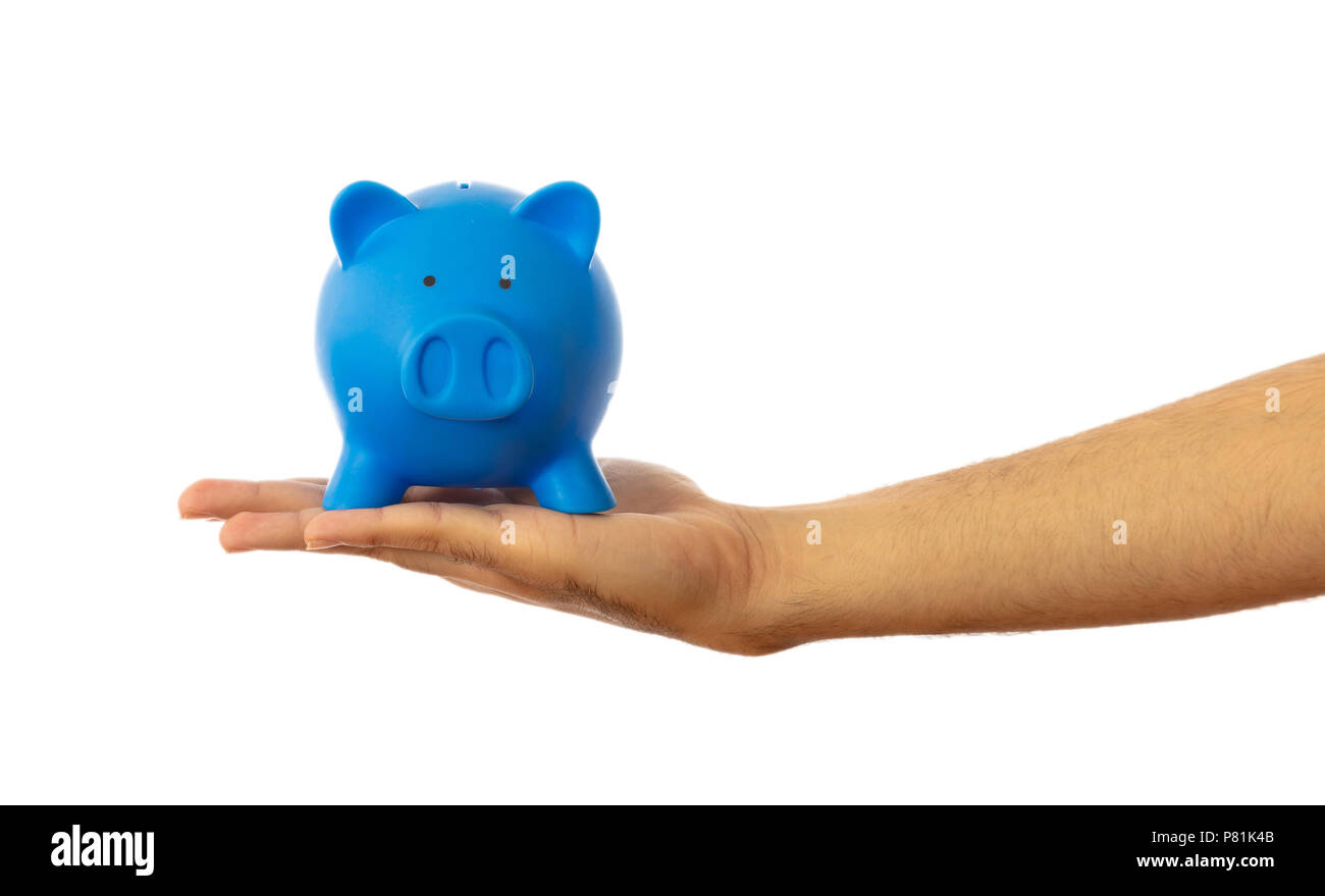 Geld zu sparen. Sparschwein auf einer männlichen hand Palm auf weißem Hintergrund, Freistellungspfad Stockfoto