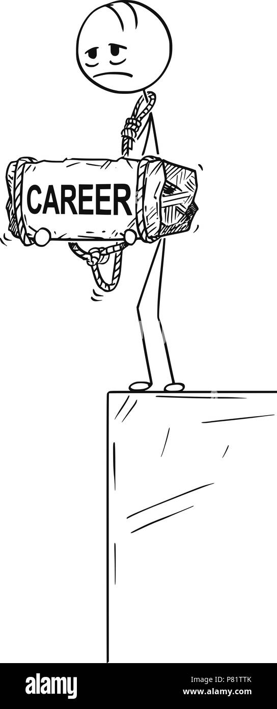 Cartoon von depressiven Mann stand am Rande Holding Stein mit Karriere Text gebunden an seinen Hals Stock Vektor