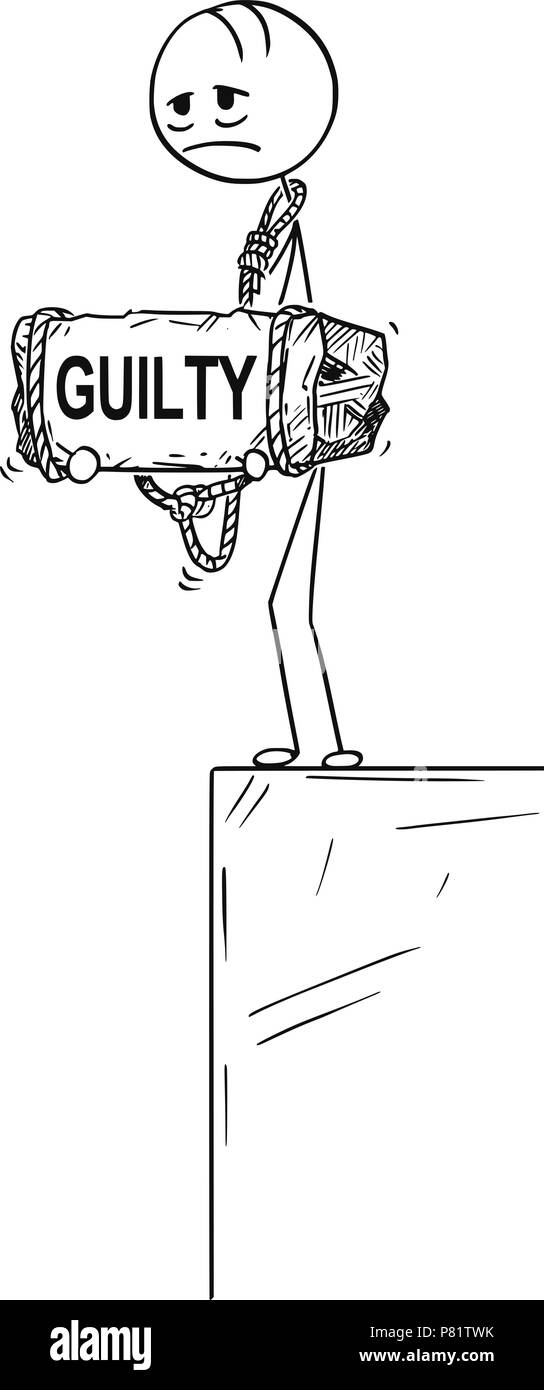 Cartoon von depressiven Mann stand am Rande Holding Stein mit Schuldig Text gebunden an seinen Hals Stock Vektor