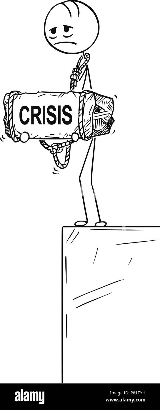 Cartoon von depressiven Mann stand am Rande Holding Stein mit Krise Text gebunden an seinen Hals Stock Vektor