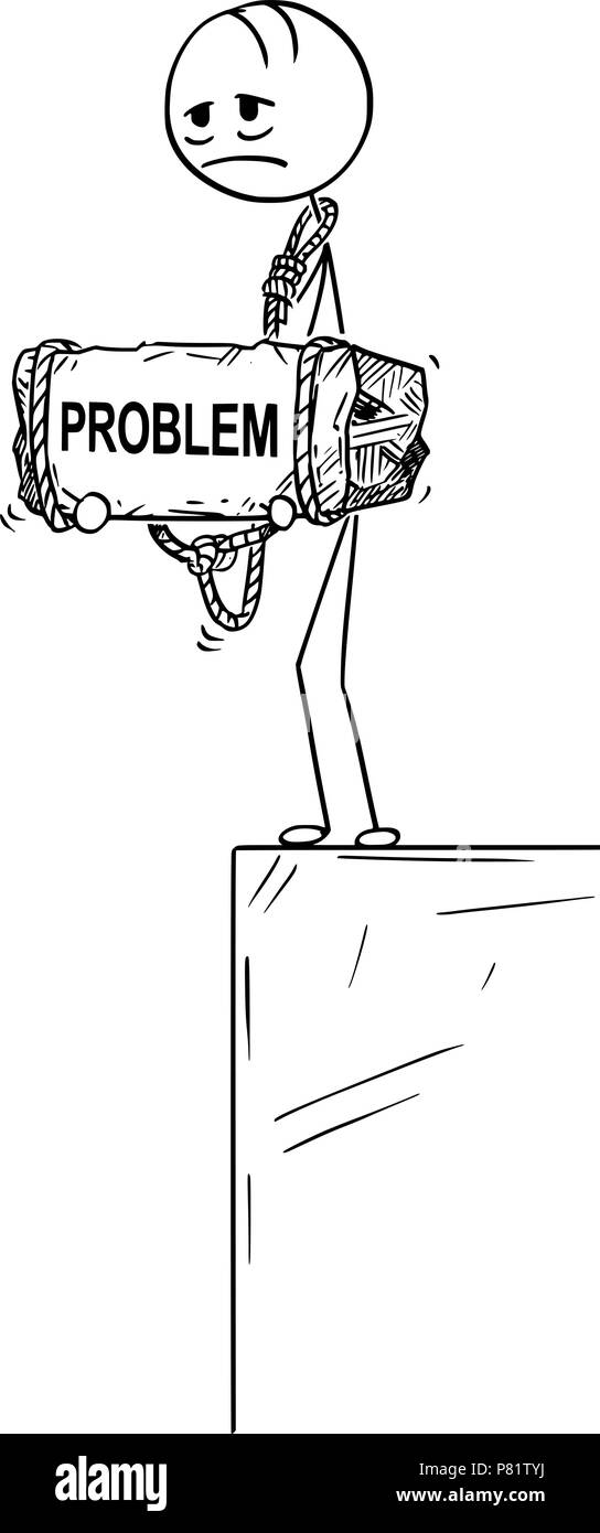 Cartoon von depressiven Mann stand am Rande Holding Stein mit Problem Text gebunden an seinen Hals Stock Vektor