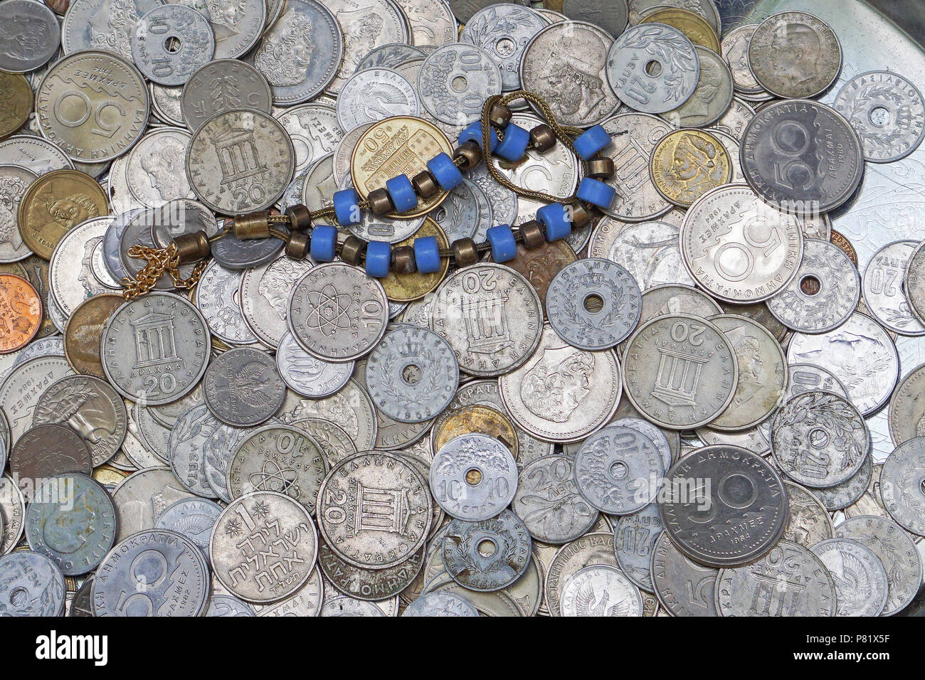 Bündel der griechischen Drachme Münzen Geld Stockfoto