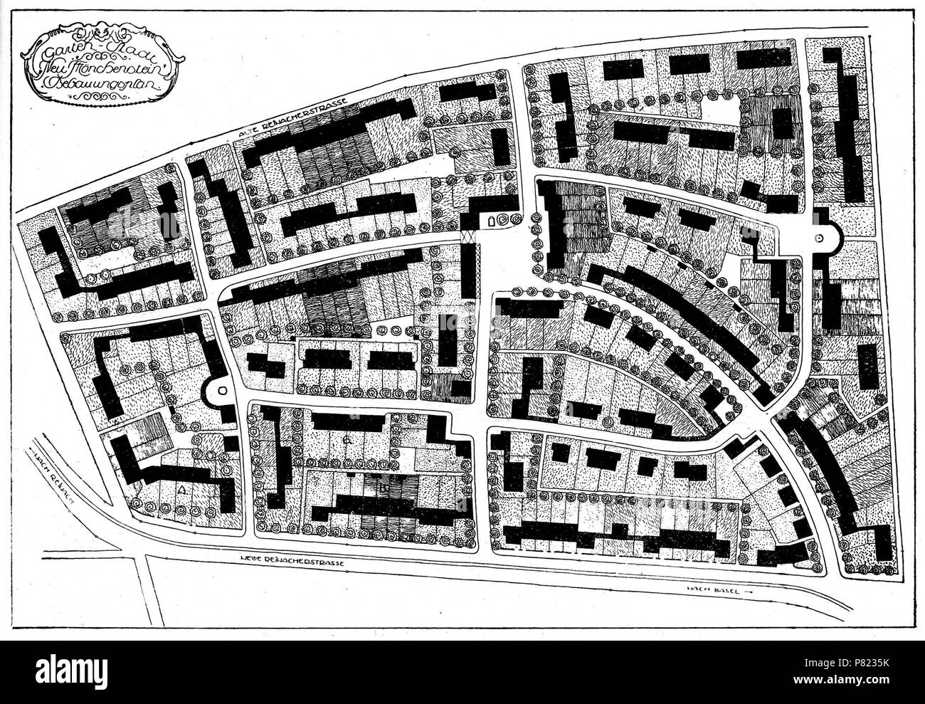 English: Plan der Gartenstadt Münchenstein (Schweiz, Kanton Basel-Landschaft) von Architekt Emil Dettwiler, publiziert im Jahr 1912. 19. März 2012 167 Gartenstadt Muenchenstein Plan 1912 Stockfoto