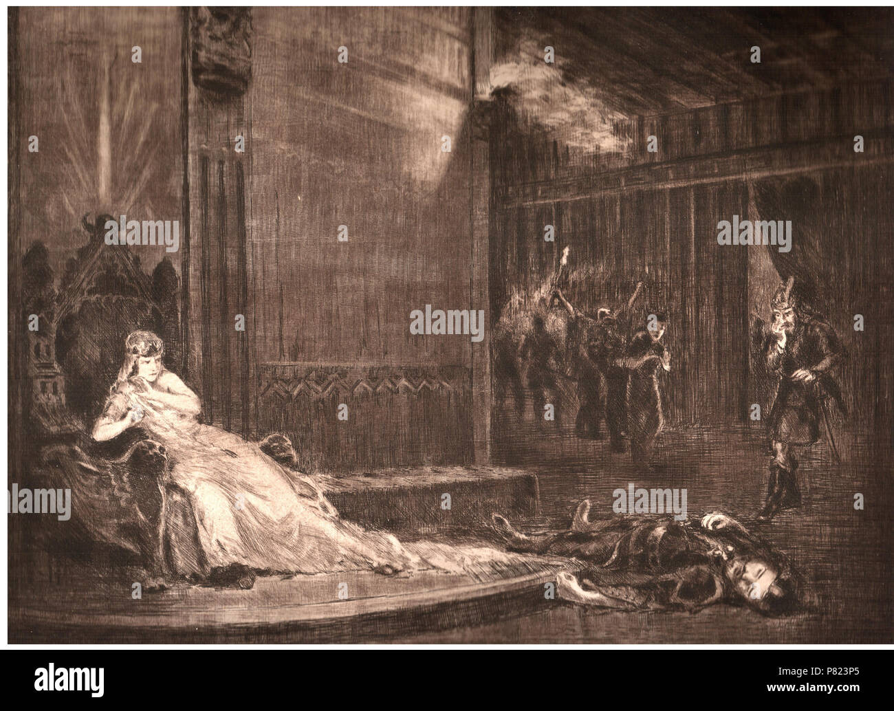 Englisch: Atilla (434 - 453) großer König Atilla, Kaiser des Hun Empire (bezeichnet als Imperator von westlichen und östlichen Römer) wurde in 453 ermordet, nach seiner Hochzeit. Die Zeichnung von edvi Illés Ödön. Magyar: Atilla (434 - 453) Edvi Illés Ödön rajza. Français: Atilla, roi des Hunnen, assassiné en 453 lors de son Mariage. 23. Juli 2012 175 Große König Attila ermordet - 453 Stockfoto