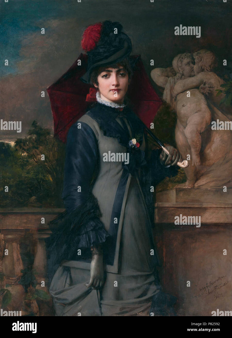 Englisch: eine junge Frau mit Sonnenschirm Öl auf Leinwand 137 x 100 cm signiert b.r: Toby E.Rosenthal/San Francisco/3/1879. März 1879 11 eine junge Frau mit einem Sonnenschirm, von Tobias Edward Rosenthal Stockfoto