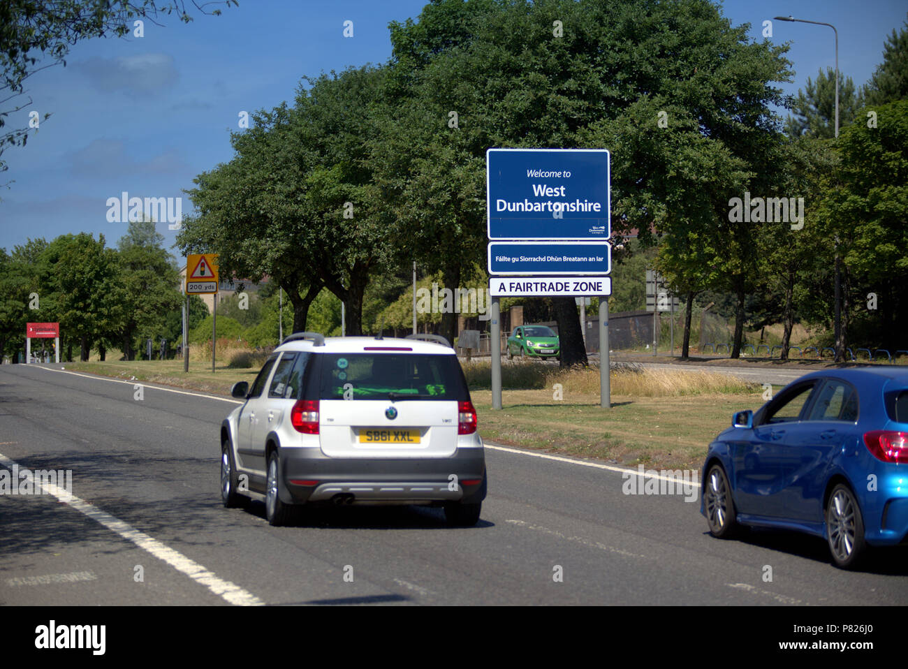 A82 A82 Willkommen bei West Dunbartonshire zeichen Great Western Road, Glasgow, Großbritannien Stockfoto