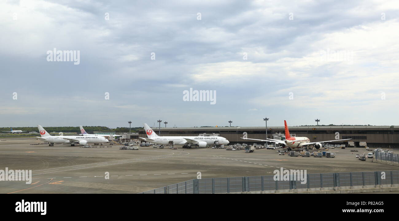 Flugzeugarstellplätze am Passagiertor am Flughafen Narita. Stockfoto