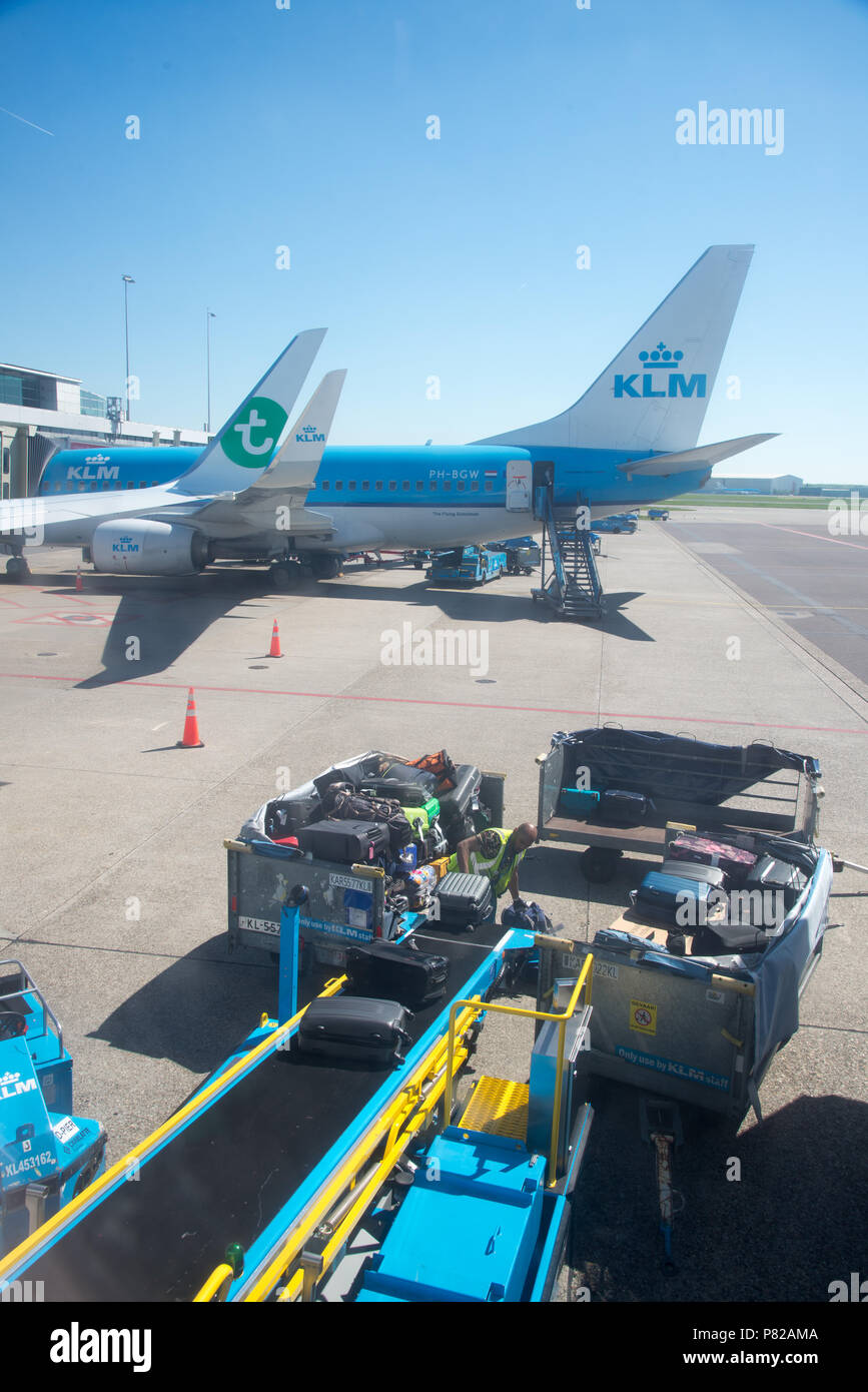 Entladen des Gepäcks vom Flugzeug auf dem Flughafen Schiphol, Amsterdam, Holland Stockfoto