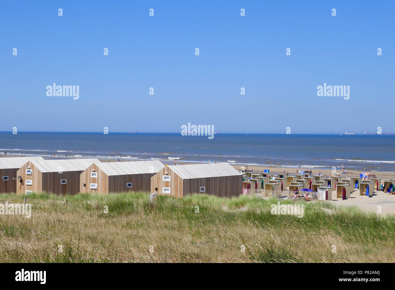 Holz- Strand Häuser am Strand von Katwijk aan Zee, Holland Stockfoto