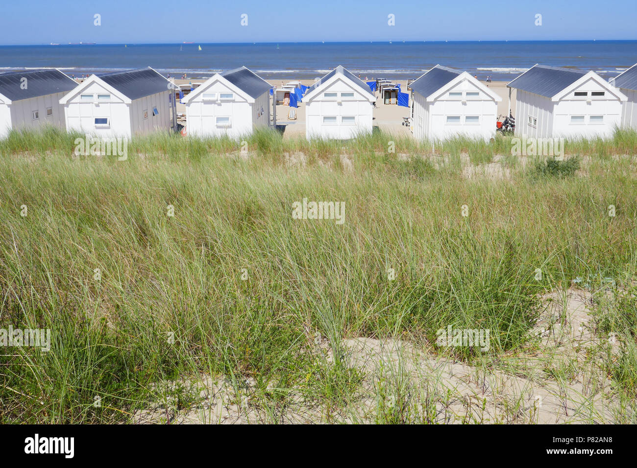 Holz- Strand Häuser am Strand von Katwijk aan Zee, Holland Stockfoto