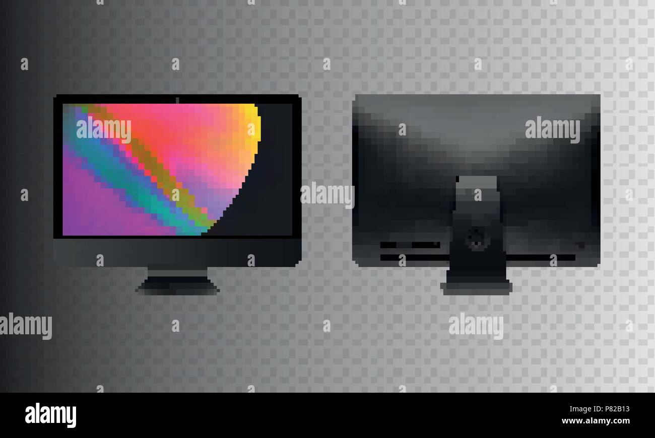 Vektor Illustration realistische persönliche Set professional Desktop Computer. Moderne Flachbildschirm. Zurück Seite Computer Display auf einem transparenten Hintergrund isoliert. Wallpaper auf dem Bildschirm. Stock Vektor