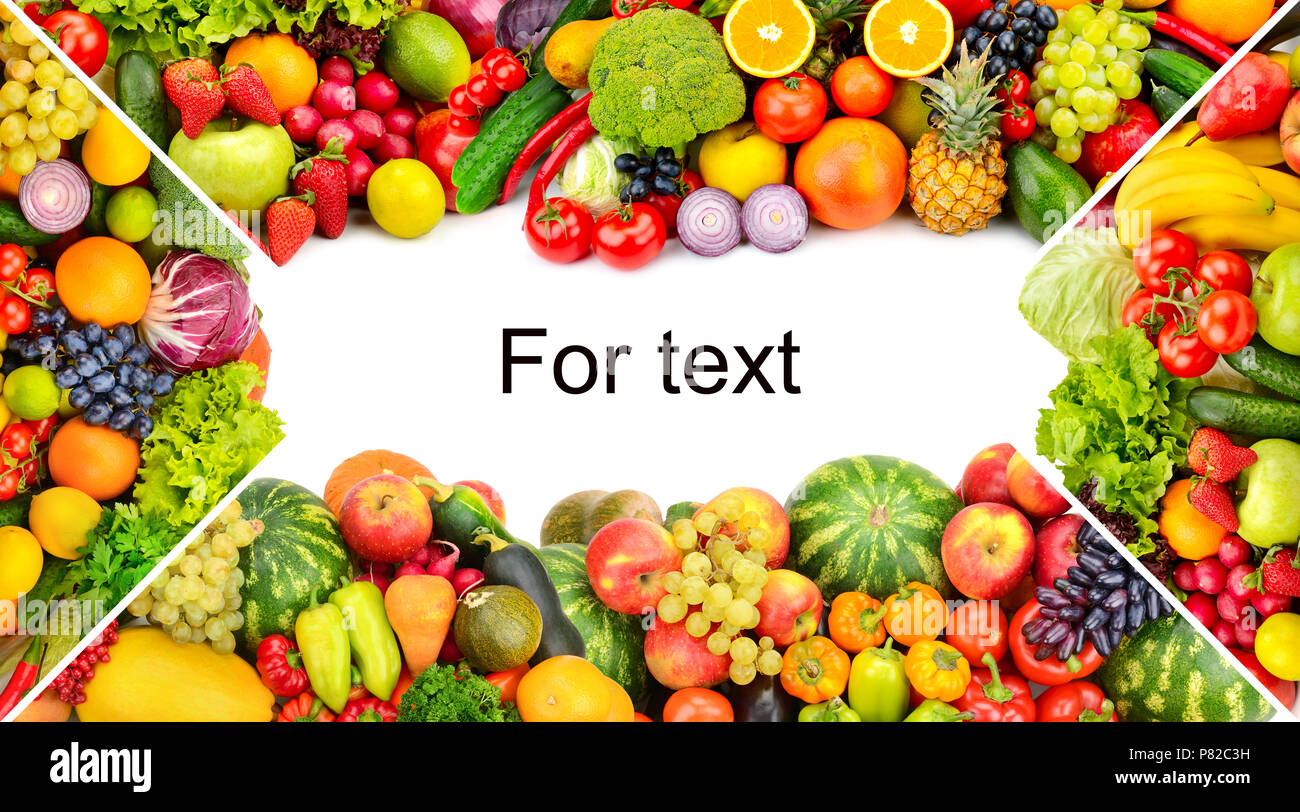 Rahmen von Gemüse und Obst auf weißem Hintergrund. Kopieren Sie Platz. Ansicht von oben. Stockfoto