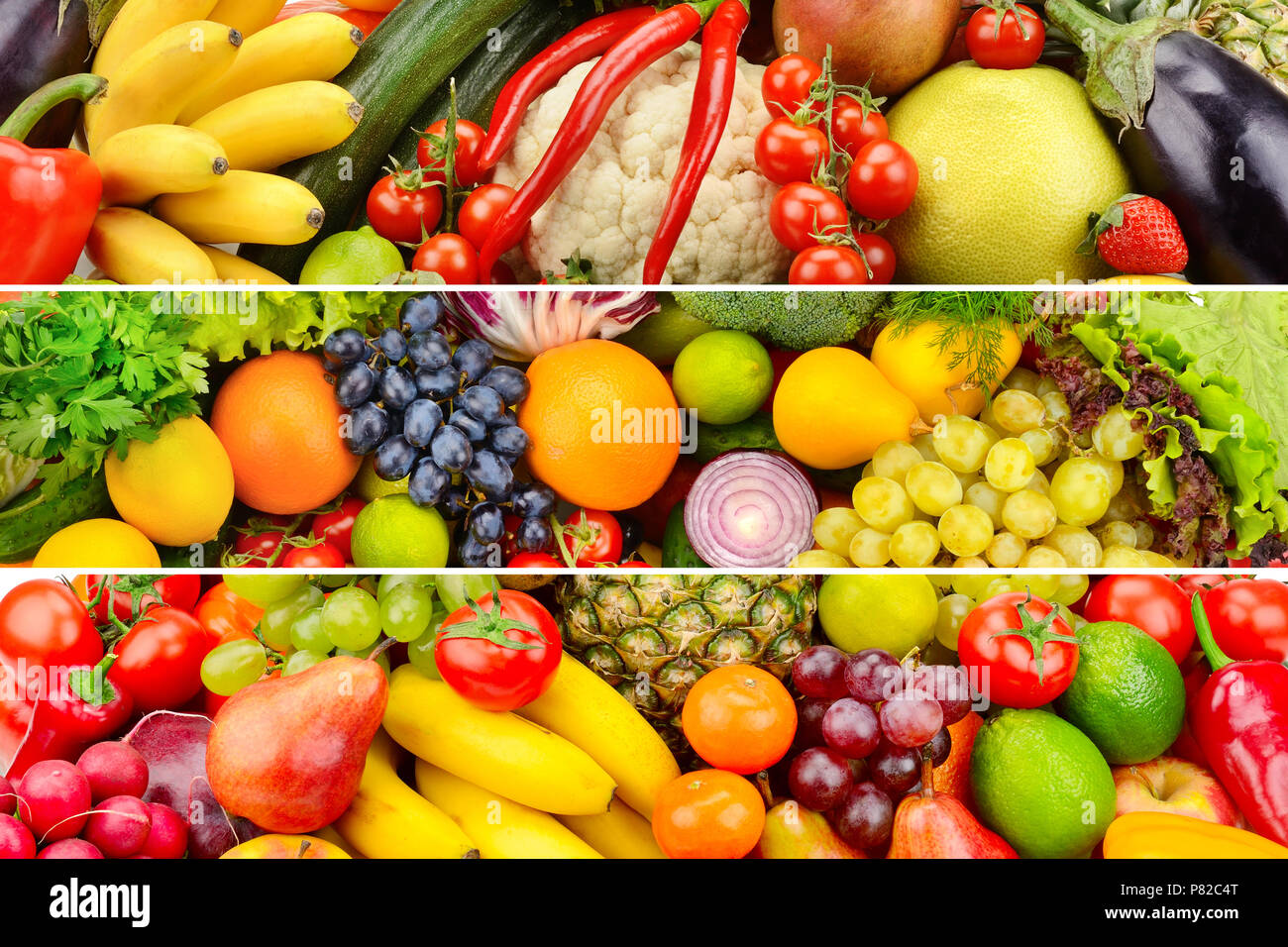 Breite Collage von gesundes Gemüse und Früchte Stockfoto