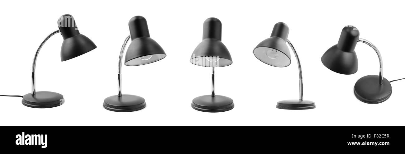 Satz von Desktop elektrische Lampen auf weißem Hintergrund. Stockfoto
