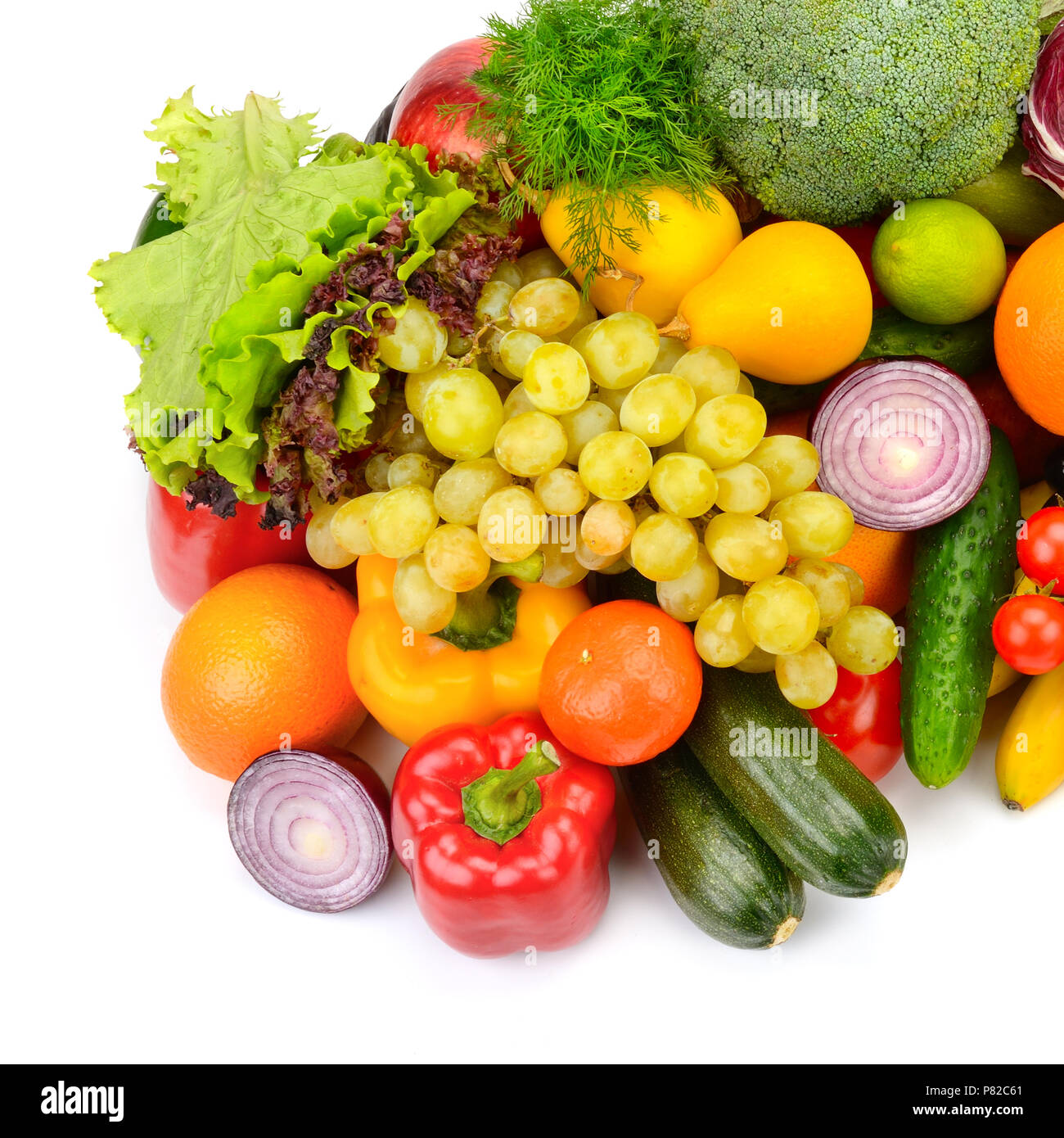 Sammlung von frischem Obst und Gemüse auf weißem Hintergrund. Ansicht von oben. Stockfoto