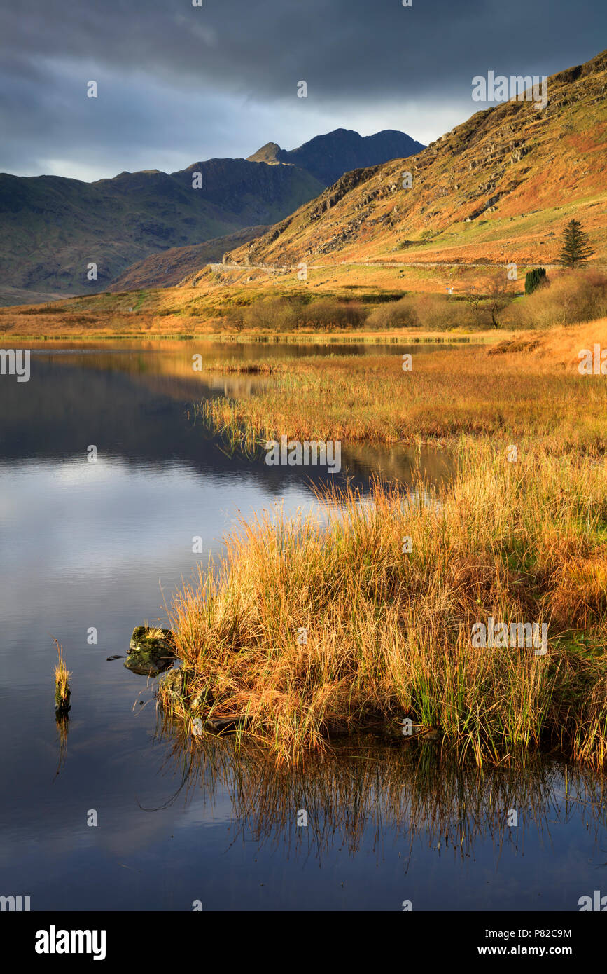 LLyn Lockwood mit der Snowdon Horseshoe in der Ferne. Stockfoto