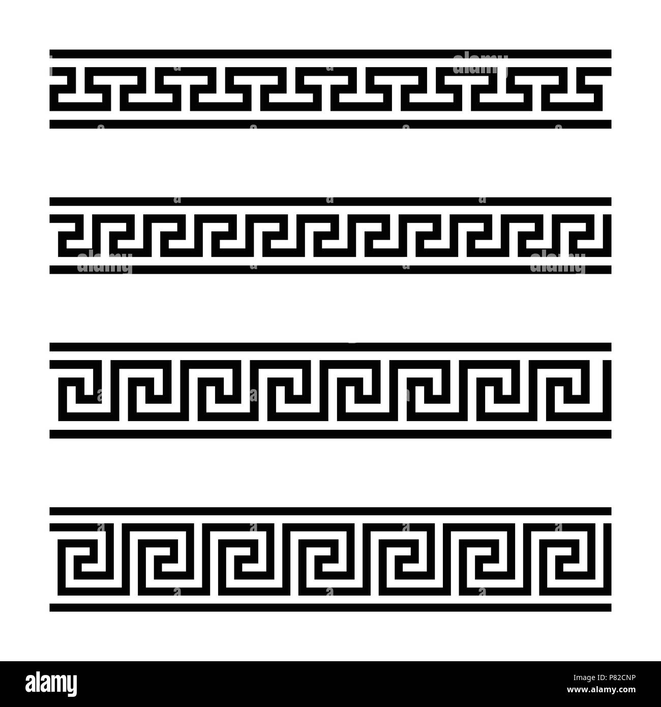 Vier nahtlose meander Designs. Meandros, eine dekorative Grenze, von der kontinuierlichen Linien gebaut, in die ein wiederholtes Motiv geprägt. Griechische fret. Stockfoto