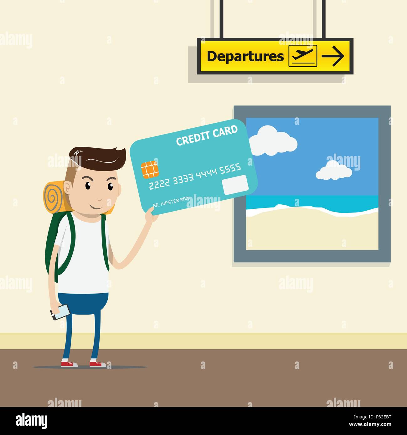 Tourist mit Rucksack am Flughafen Terminal mit Kreditkarte in der Hand. Bequeme Zahlung per Kreditkarte Konzept. Einfache Ausgaben. Vector Illustration Stock Vektor