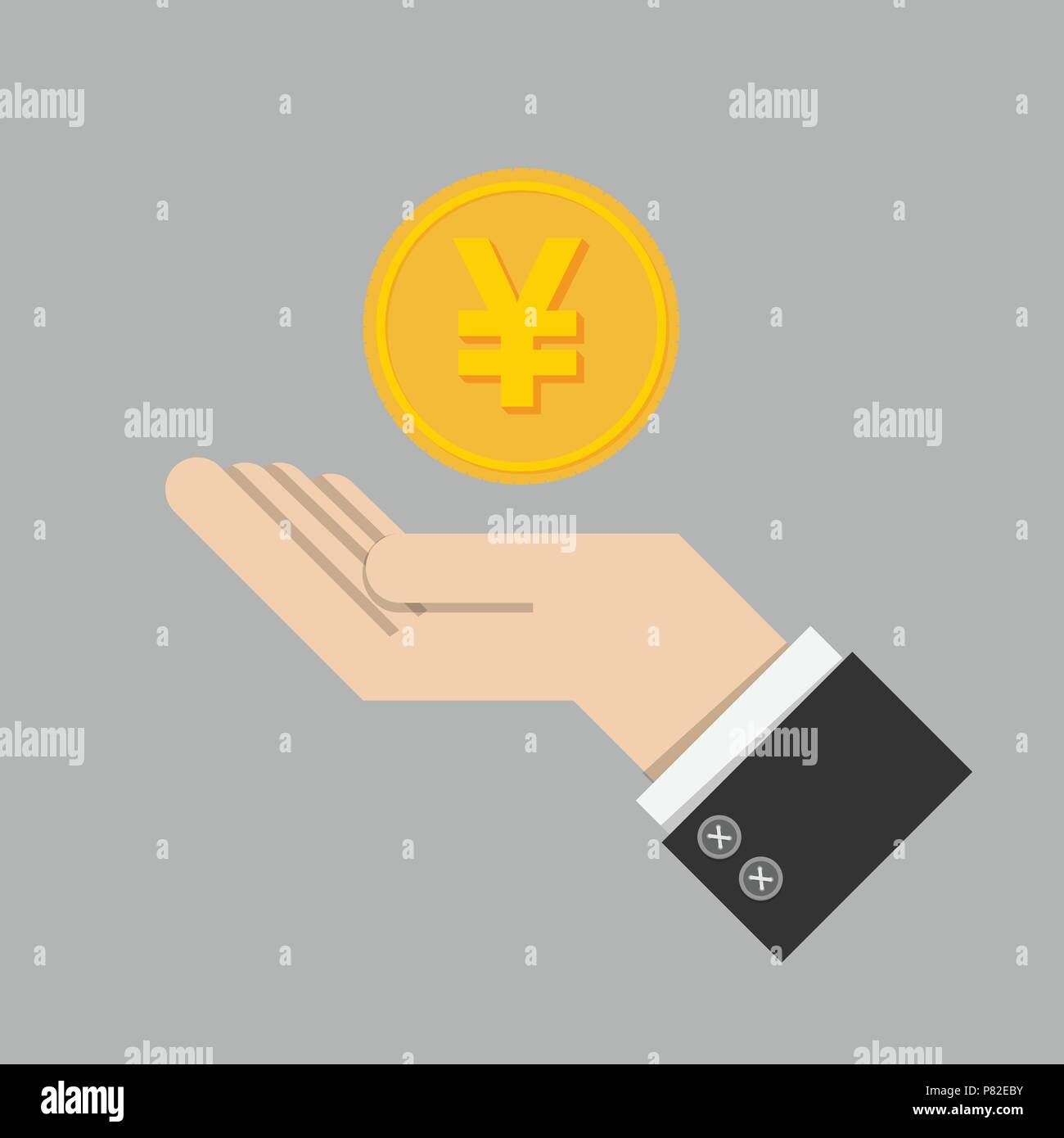 Rendite Konzept. Goldmünze mit Zeichen der Japanischen Yen Währung auf Hand, Palm von Geschäftsmann. Wachstum investieren, Finanzen planen, Personal Management Stock Vektor