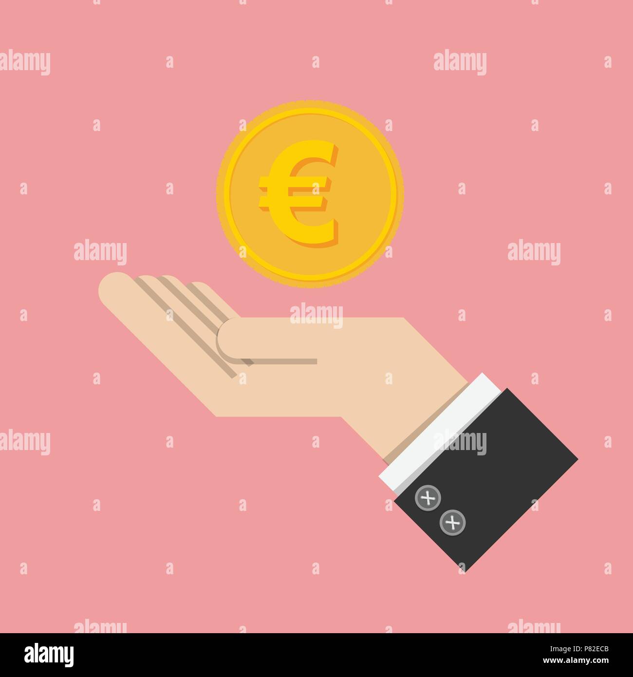 Vektor Illustrator. Rendite einer Investition Konzept. Goldmünze mit Zeichen der Euro Geld Währung auf Hand, Palm von Geschäftsmann. Wachstum investieren, Finanzen pl Stock Vektor