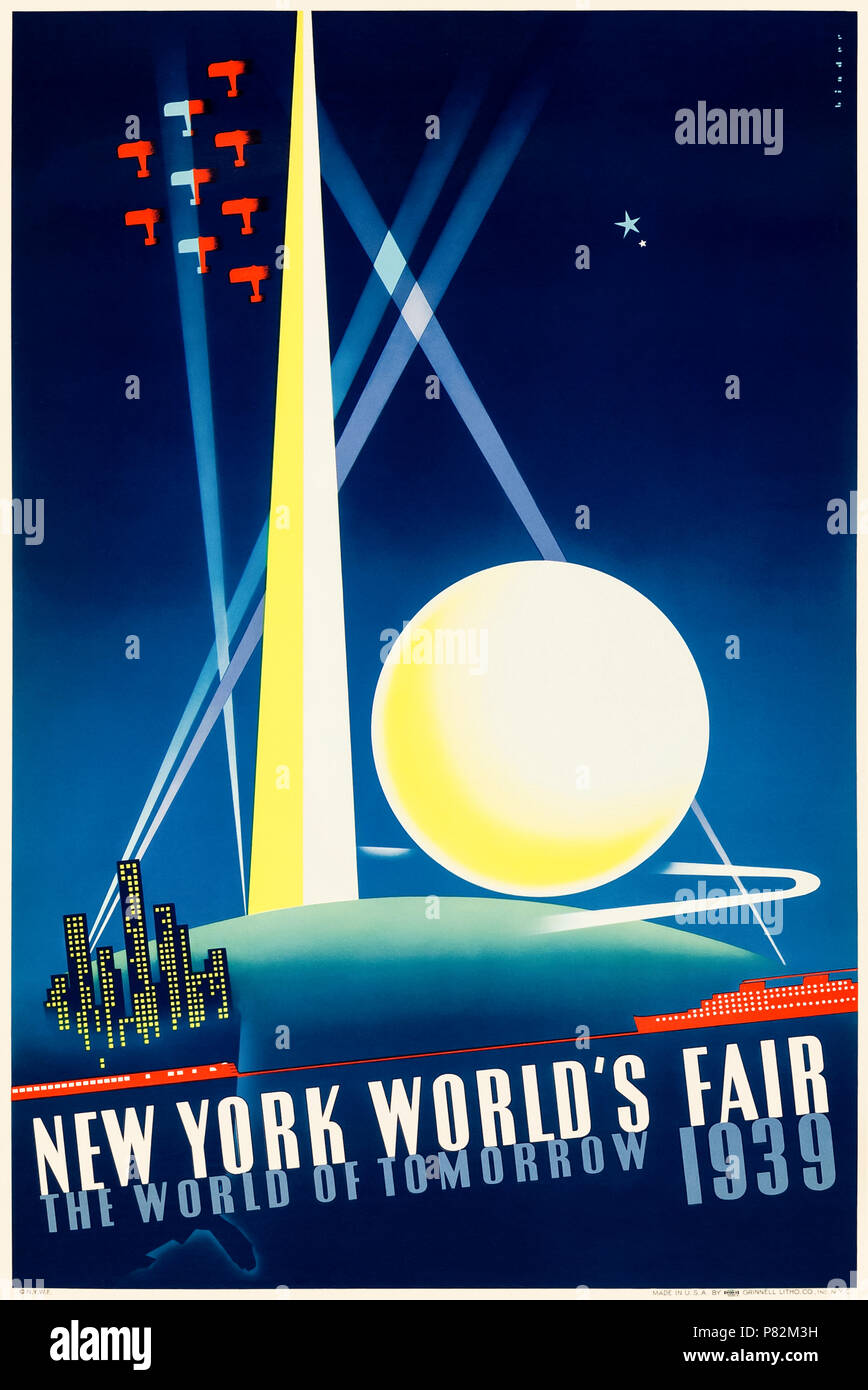 "In New York World's Fair 1939" Plakat von Joseph Binder (1898-1972), der die Trylon und Perisphere, Transport und Strahler und dem neuen Werbeslogan "Farnell - die Welt von Morgen". Weitere Informationen finden Sie unten. Stockfoto