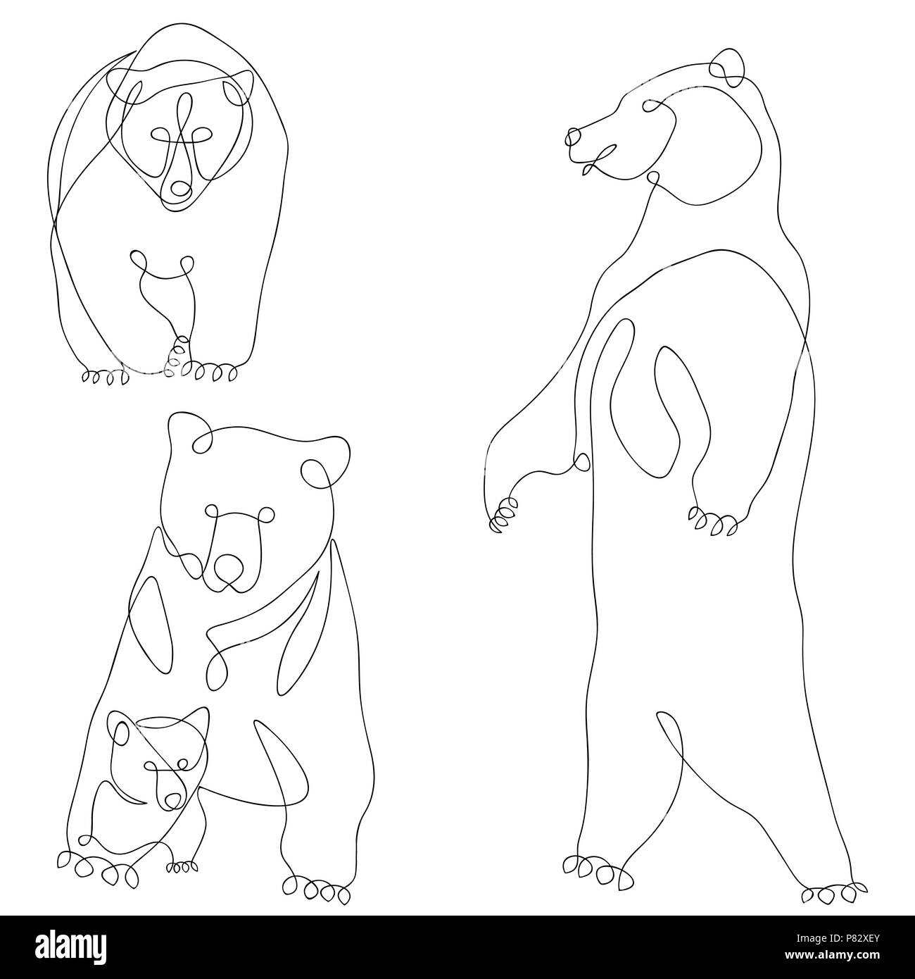 Bär, Bärchen, Set Vector Illustration, Doodle. Durchgehende Linie. Stock Vektor