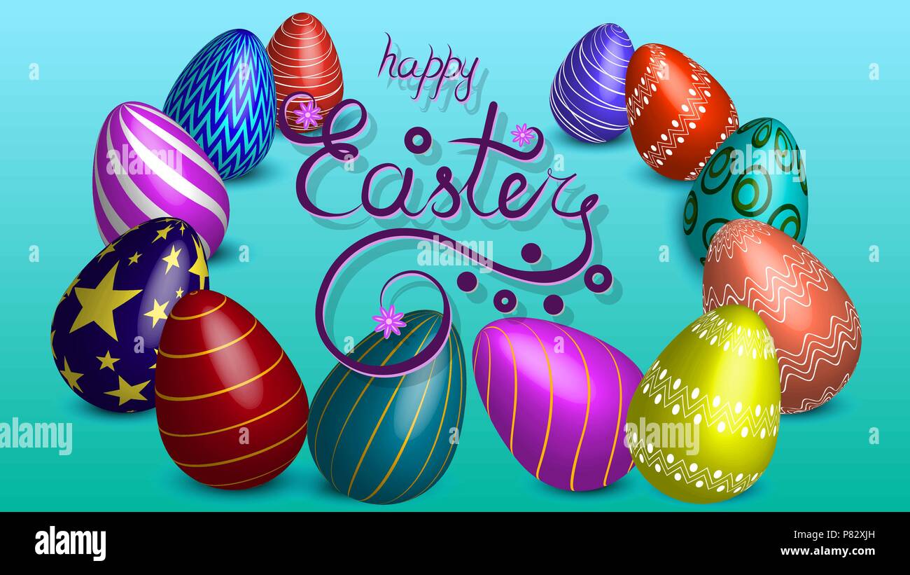 Vector Illustration mit Eiern.. Beschriftung - Frohe Ostern. Blauer Hintergrund Stock Vektor