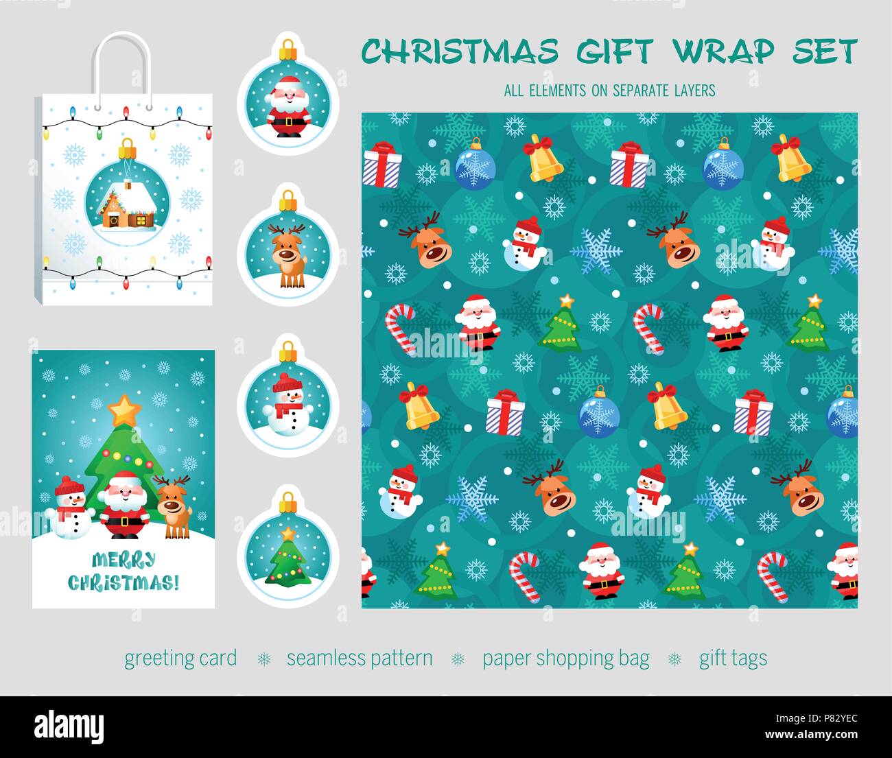 Weihnachten Geschenkverpackung eingestellt. Nahtlose Muster, Grußkarten, Geschenkanhänger, Papier Shopping Bag. Alle Elemente auf separaten Ebenen. Vector Illustration. Stock Vektor
