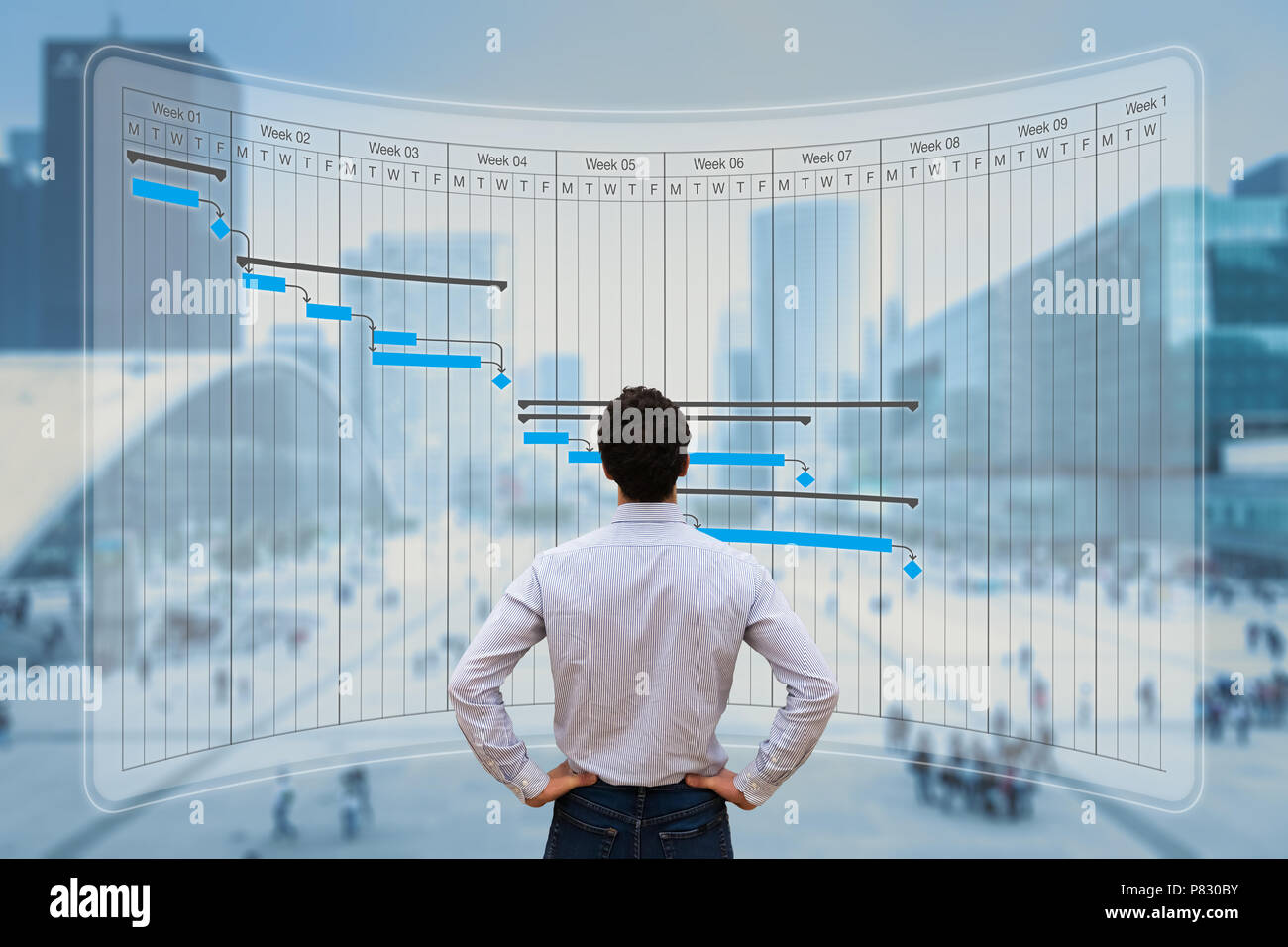 Projekt Manager arbeiten mit Gantt-diagramm planung, tracking Meilenstein und die zu erbringenden Leistungen und Update-aufgaben Fortschritte, Terminplanung Fähigkeiten, auf virtuellen scre Stockfoto