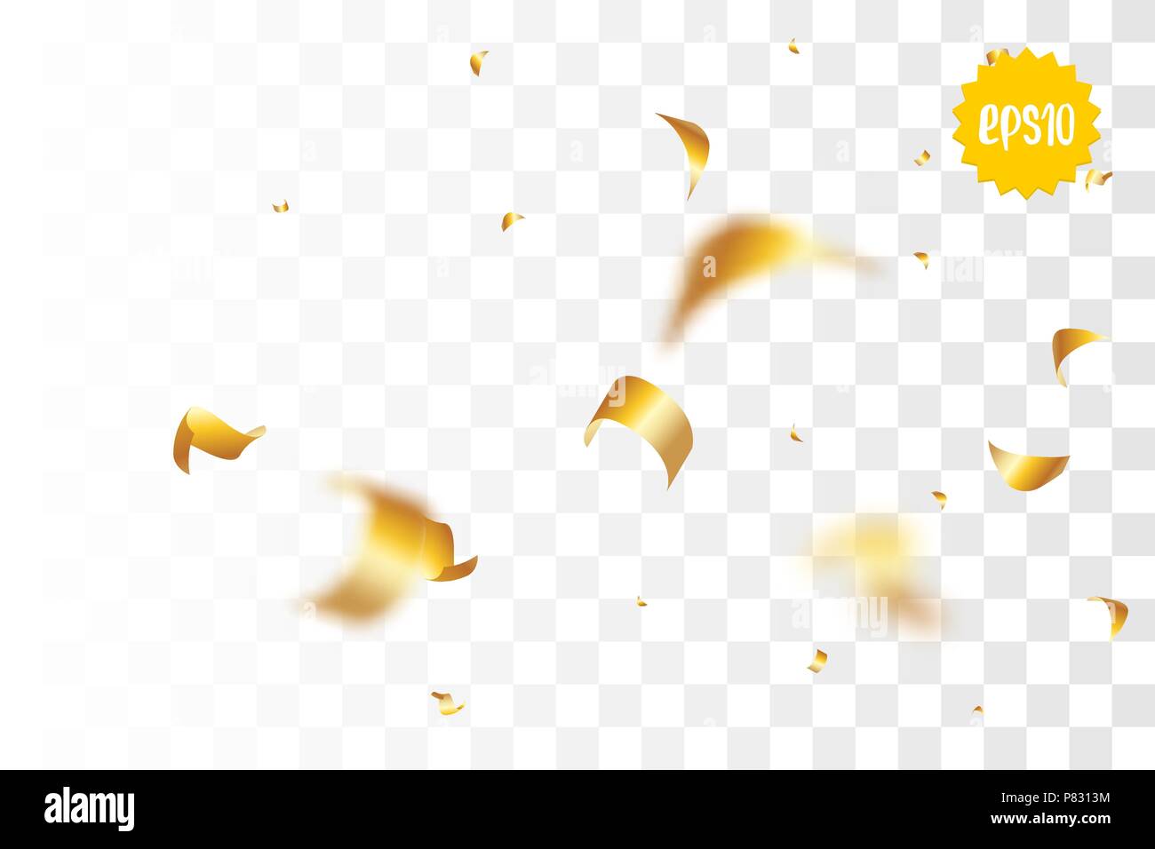 Random fallende golden Glitter transparent Glanz Hintergrund. Weihnachten Banner, Neujahrsgruß, Einladung, Postkarte. Shimmer Vector Illustration. Stock Vektor