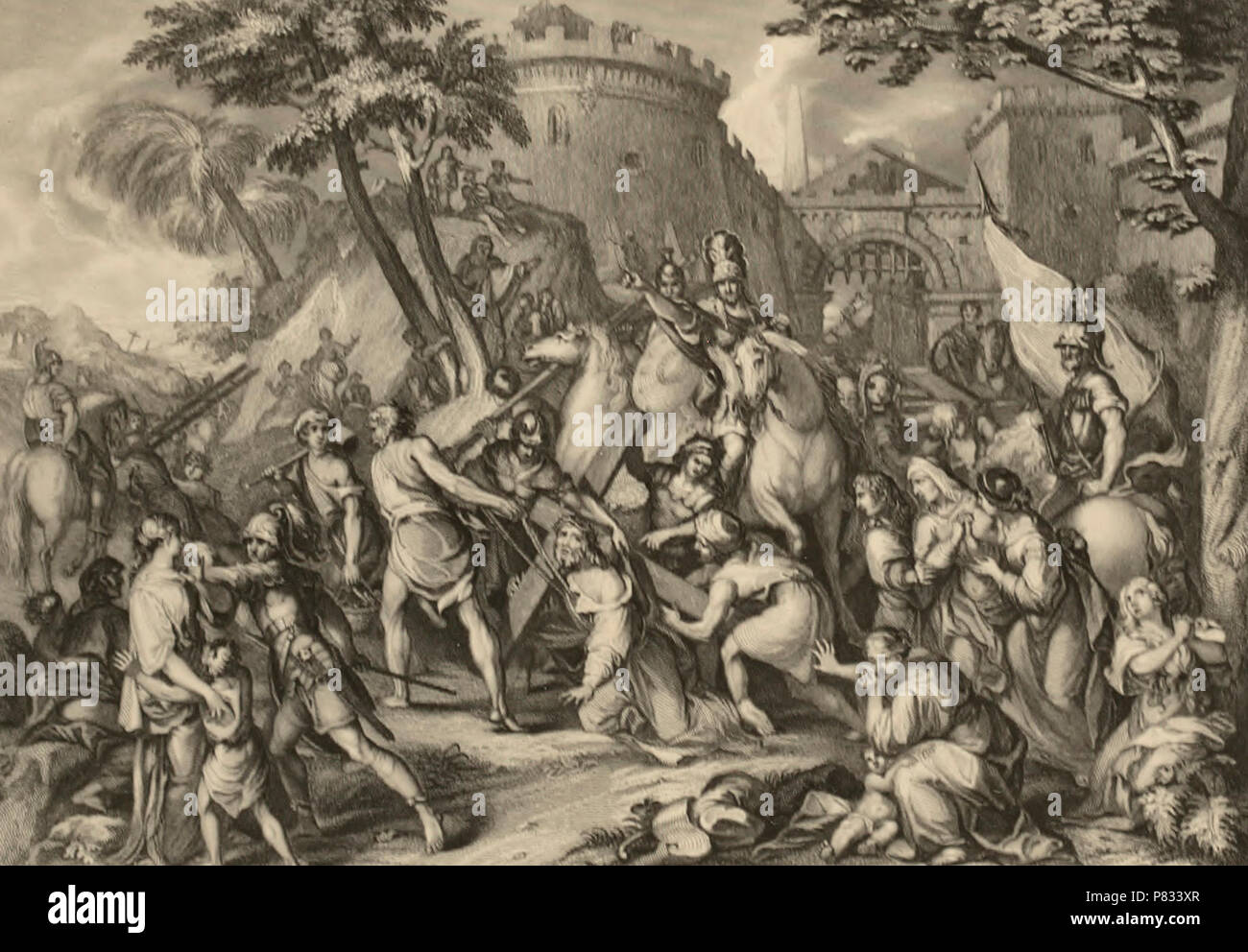 Und er trägt sein Kreuz ging - Jesus trägt sein Kreuz durch Jerusalem. Stockfoto