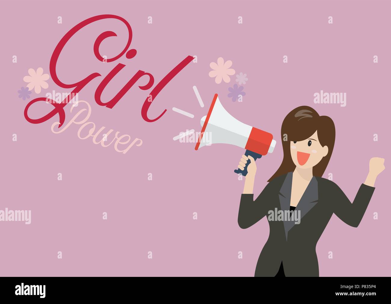 Business Frau mit einem Megafon mit Wort Girl Power. Feministische Konzept Stock Vektor