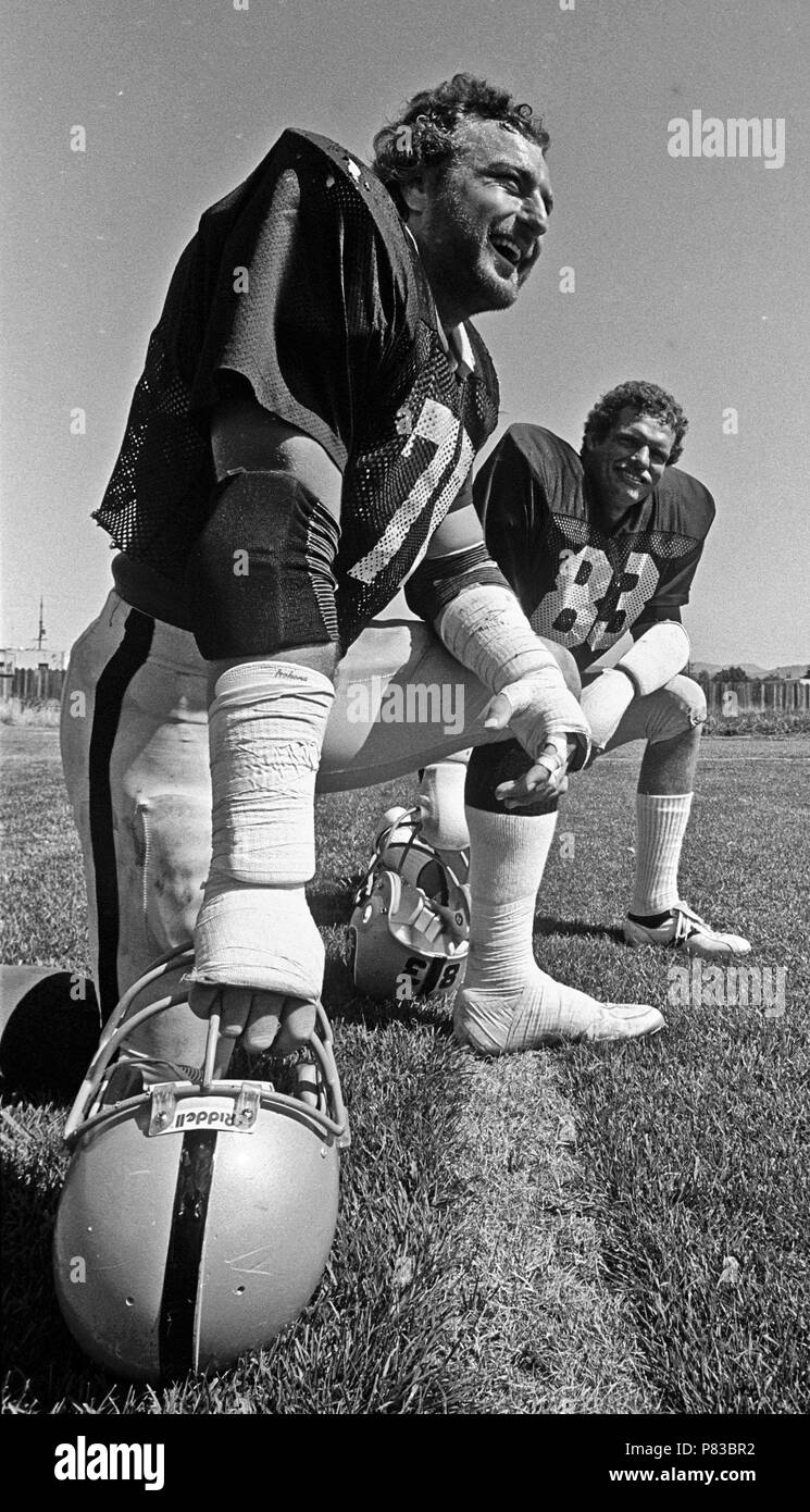 Santa Rosa, Kalifornien, USA. 10 Aug, 1982. Oakland Raiders Trainingslager August 10, 1982 El Rancho Tropicana, Santa Rosa, Kalifornien. Oakland Raiders linebacker John Matuszak (72) und linebacker Ted Hendricks Credit: Al Golub/ZUMA Draht/Alamy leben Nachrichten Stockfoto