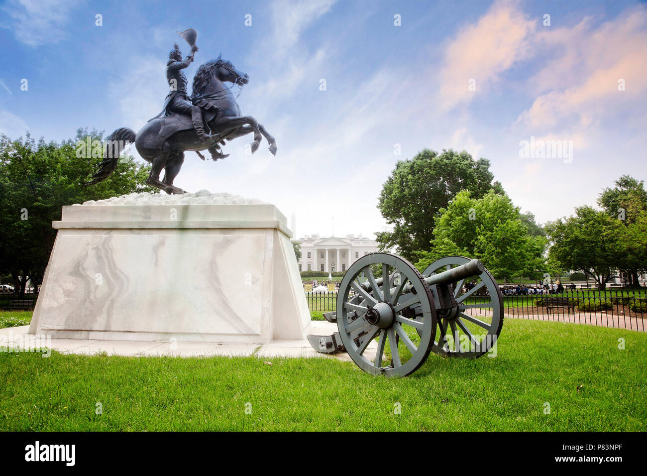 Die Statue von Andrew Jackson in Lafayette Square oder Präsidenten Park nördlich des Weißen Hauses in Washington, DC. Stockfoto