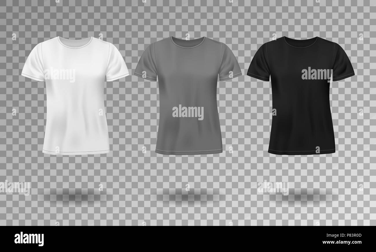 Schwarz, Weiß und Grau realistische Männer t-shirt mit kurzen Ärmeln. Leer t-shirt Vorlage isoliert. Baumwolle Mann T-Shirt Design. Vector Illustration Stock Vektor