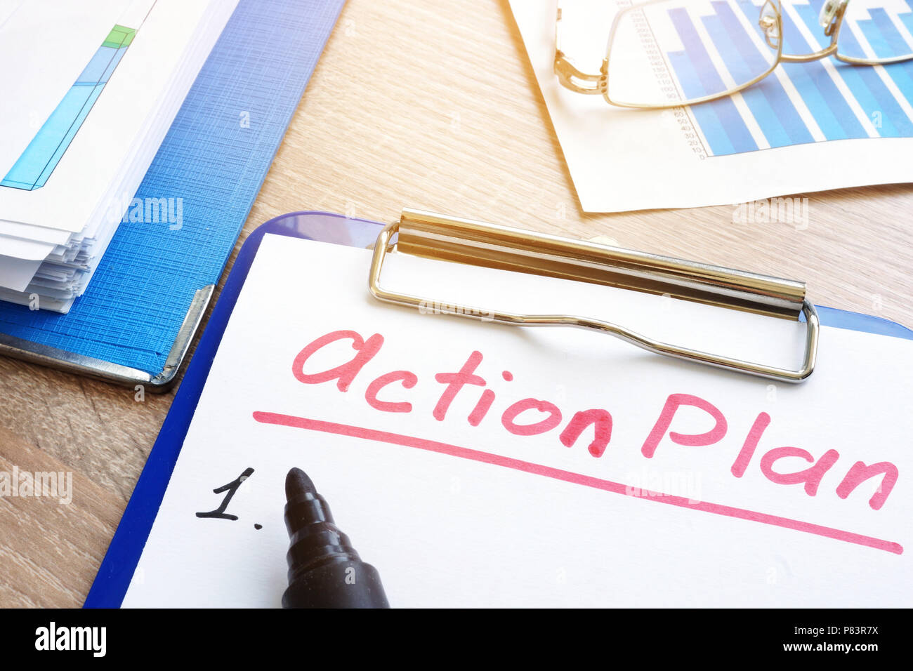 Aktionsplan mit Zwischenablage und Stift. Strategie Planung. Stockfoto